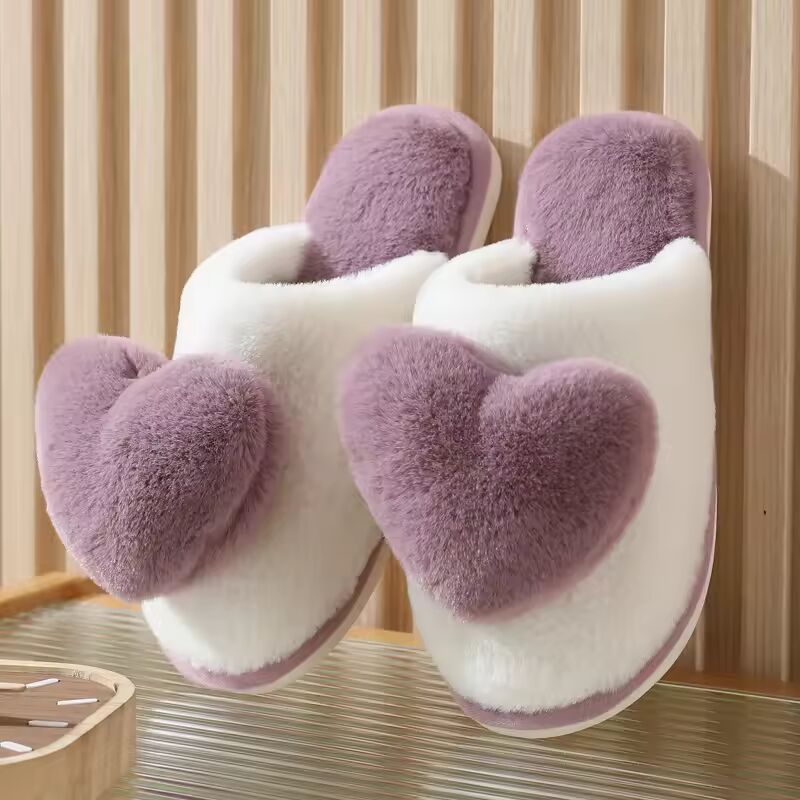Winter Warm Heart Pattern Cotton Slippers Women Indoor Casual Comfortable Sandals Men Faux Fur Thicken Plush Sandals Adult Shoes