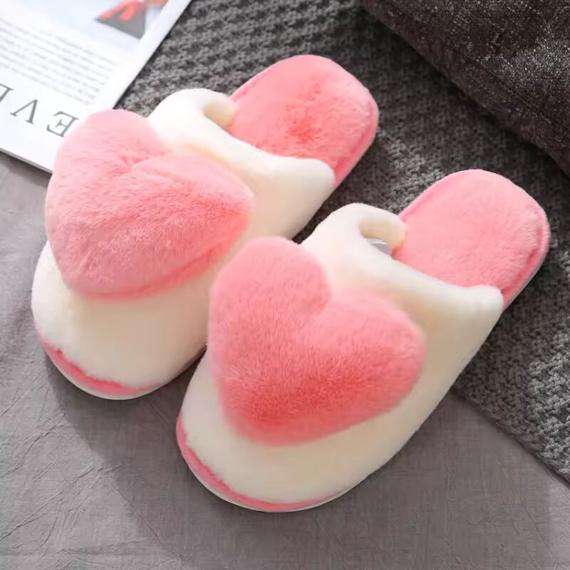 Winter Warm Heart Pattern Cotton Slippers Women Indoor Casual Comfortable Sandals Men Faux Fur Thicken Plush Sandals Adult Shoes